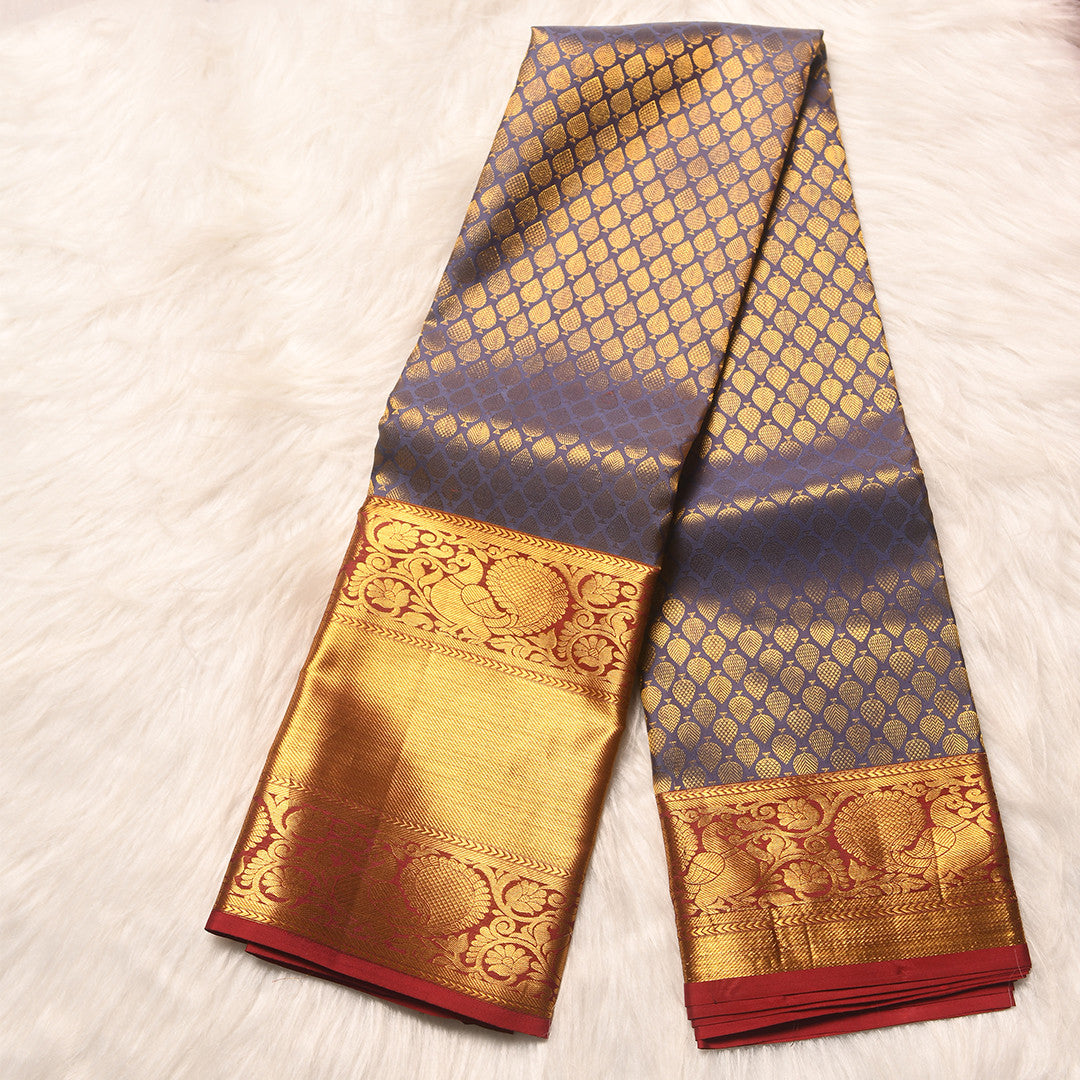 GREY PURPLE WITH TRADITIONAL RED BORDER PURE SILK SAREE