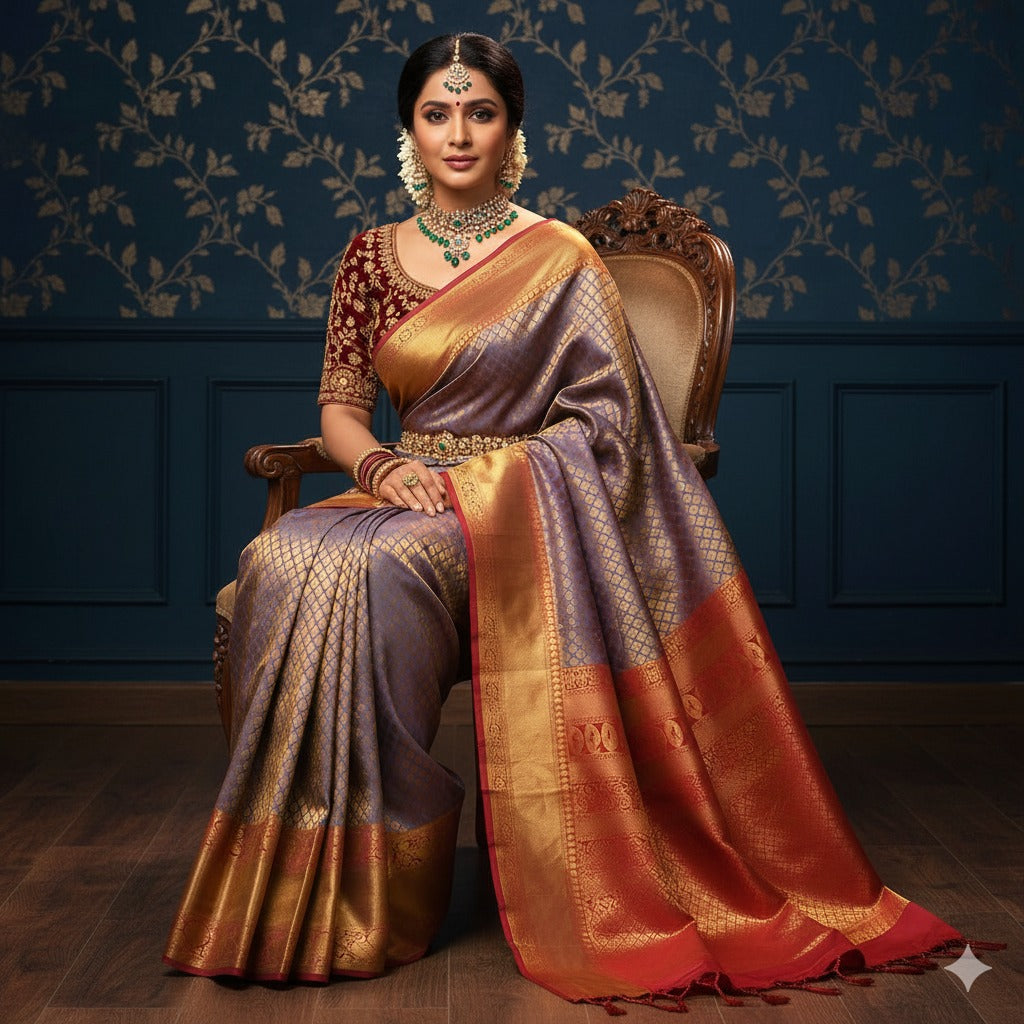 GREY PURPLE WITH TRADITIONAL RED BORDER PURE SILK SAREE