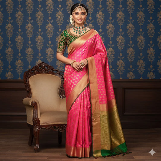 PINK & EMERALD GREEN PURE SILK SAREE