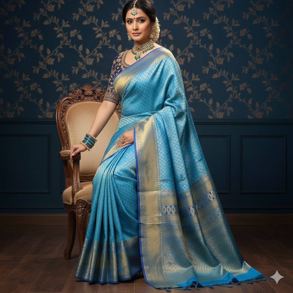 COPPER SULPHATE BLUE WITH ROYAL BLUE TRADITIONAL BORDER PURE SILK SAREE