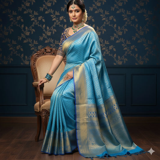 COPPER SULPHATE BLUE WITH ROYAL BLUE TRADITIONAL BORDER PURE SILK SAREE